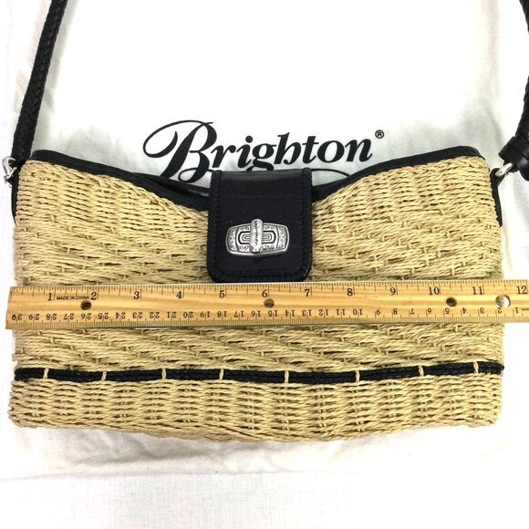 Brighton Cottagecore Cream Woven Straw Black Leather Braided Handle Baguette - Picture 13 of 16